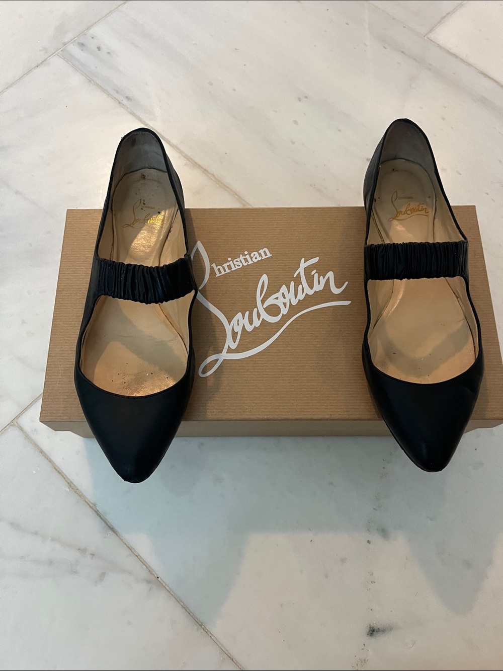 Christian Louboutin Black Pointed Mary-Jane Flats with Ruched Strap